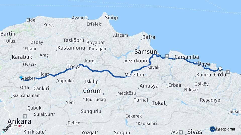 Çankırı Çerkeş Ordu Arası Kaç Km - Yol Haritası