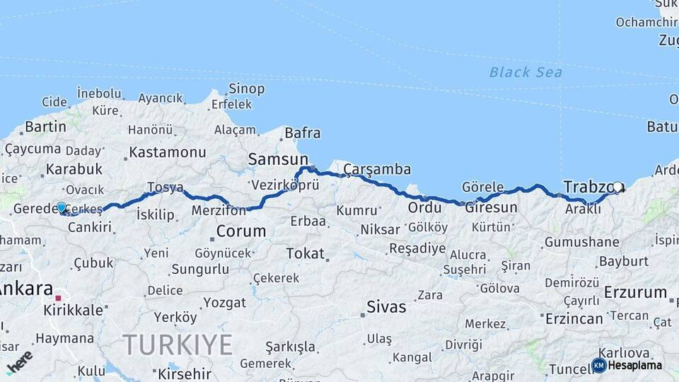 Çankırı Çerkeş Rize Arası Kaç Km - Yol Haritası