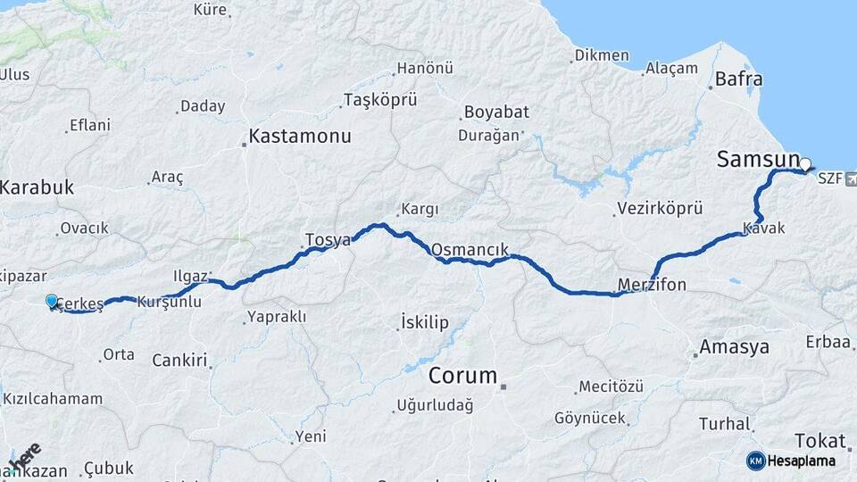 Çankırı Çerkeş Samsun Arası Kaç Km - Yol Haritası