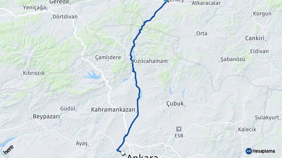 Çankırı Çerkeş Sincan Ankara Arası Kaç Km - Yol Haritası