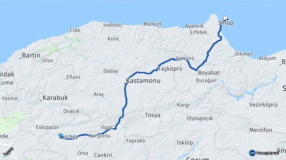 Çankırı Çerkeş Sinop Arası Kaç Km - Yol Haritası