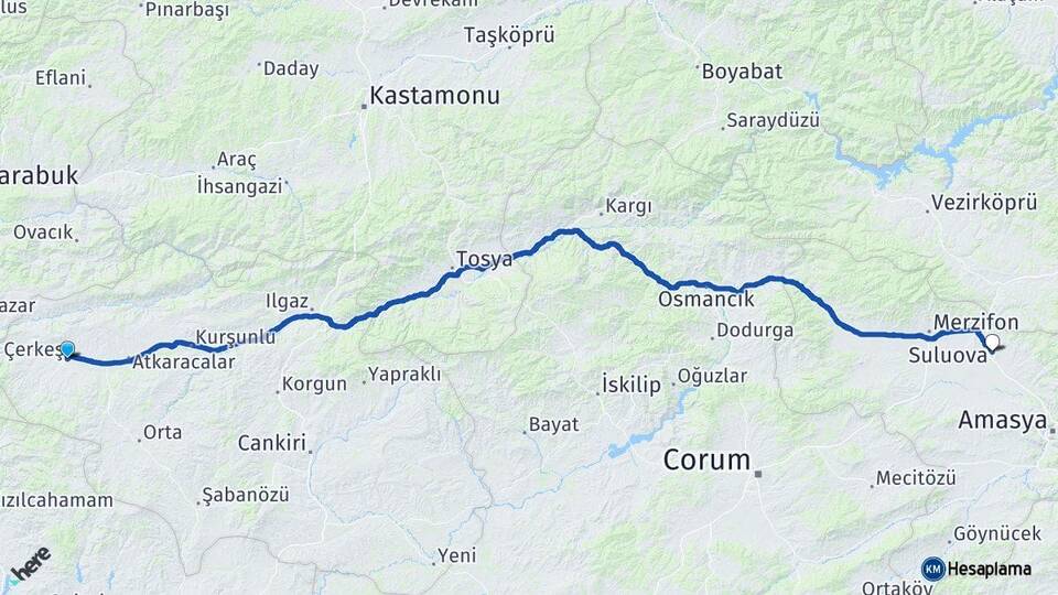 Çankırı Çerkeş Suluova Amasya Arası Kaç Km - Yol Haritası