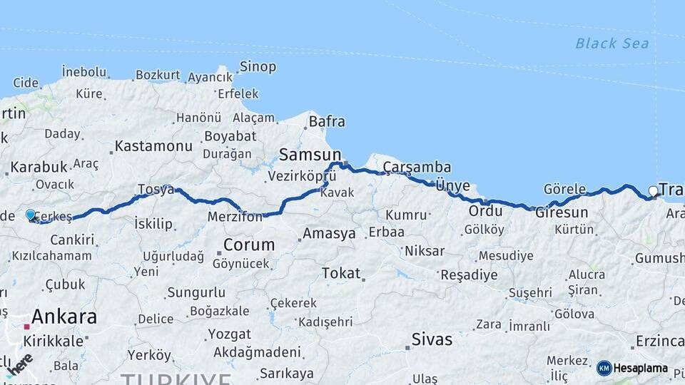 Çankırı Çerkeş Trabzon Arası Kaç Km - Yol Haritası