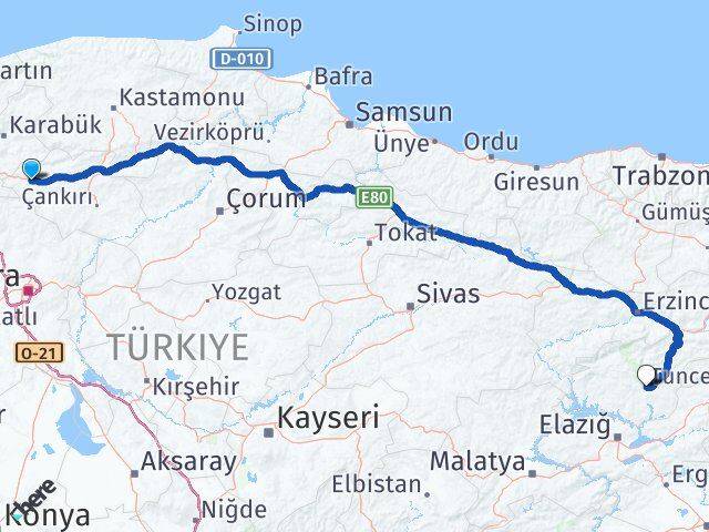 Çankırı Çerkeş Tunceli Arası Kaç Km - Yol Haritası
