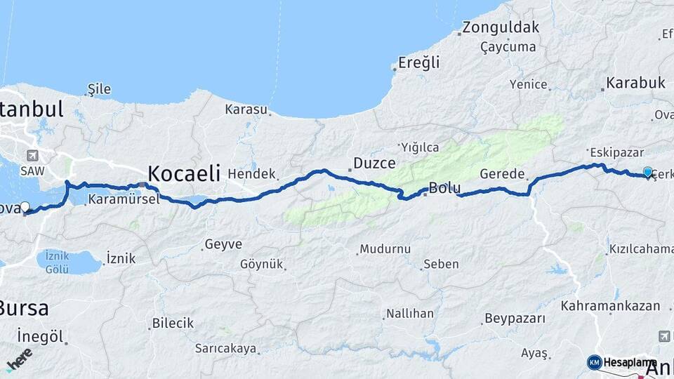 Çankırı Çerkeş Yalova Arası Kaç Km - Yol Haritası