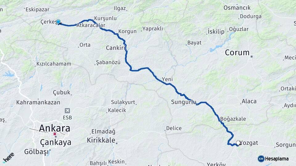 Çankırı Çerkeş Yozgat Arası Kaç Km - Yol Haritası