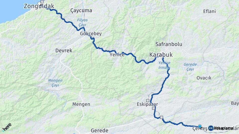 Çankırı Çerkeş Zonguldak Arası Kaç Km - Yol Haritası