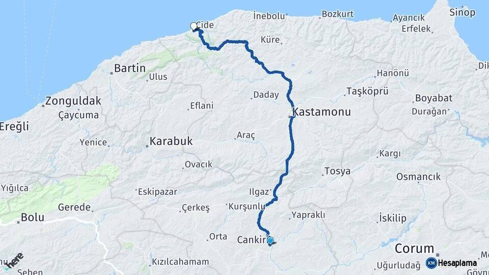 Çankırı Cide Kastamonu Arası Kaç Km - Yol Haritası
