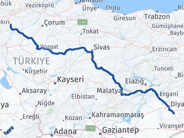 Çankırı Çınar Diyarbakır Arası Kaç Km - Yol Haritası