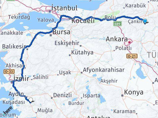 Çankırı Çine Aydın Arası Kaç Km - Yol Haritası