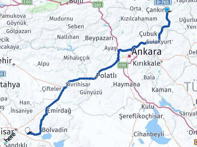 Çankırı Çobanlar Afyonkarahisar Arası Kaç Km - Yol Haritası