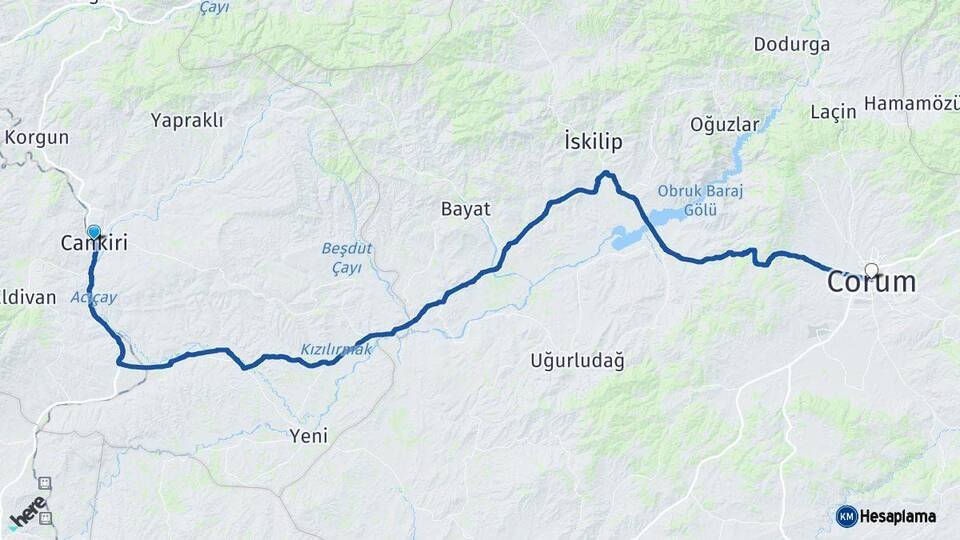 Çankırı Çorum Arası Kaç Km - Yol Haritası