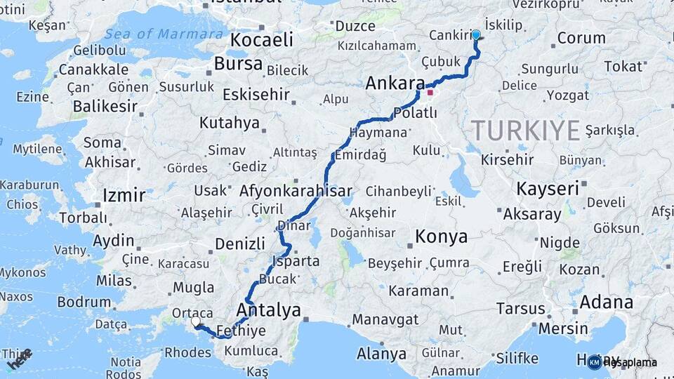 Çankırı Dalaman Muğla Arası Kaç Km - Yol Haritası