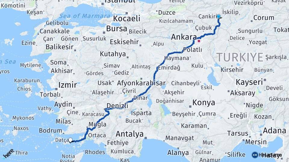 Çankırı Datça Muğla Arası Kaç Km - Yol Haritası