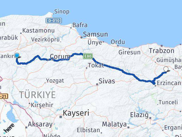 Çankırı Demirözü Bayburt Arası Kaç Km - Yol Haritası