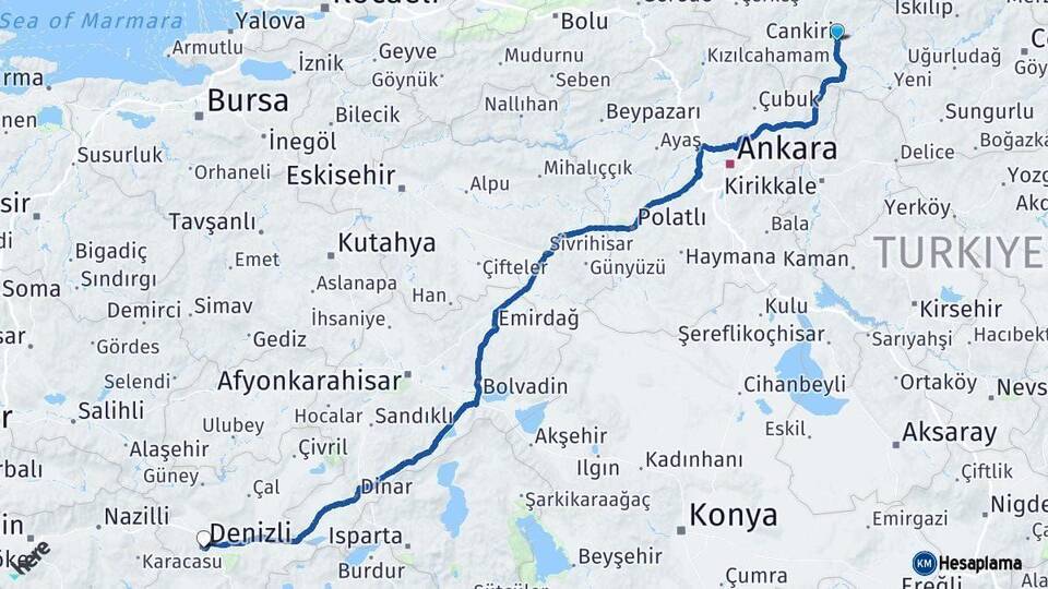 Çankırı Denizli Arası Kaç Km - Yol Haritası