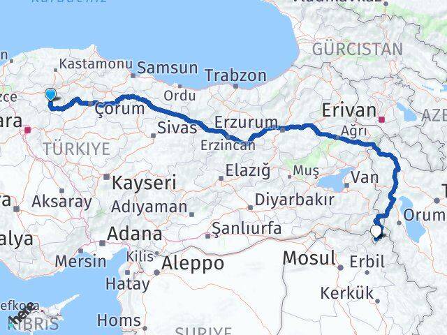 Çankırı Derecik Hakkari Arası Kaç Km - Yol Haritası