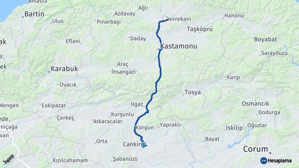 Çankırı Devrekani Kastamonu Arası Kaç Km - Yol Haritası