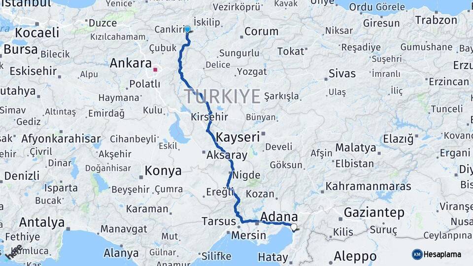 Çankırı Dörtyol Hatay Arası Kaç Km - Yol Haritası