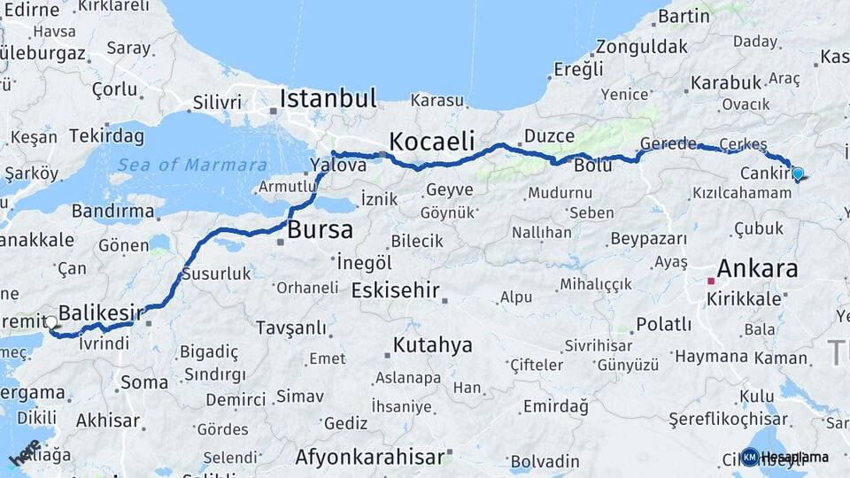 Çankırı Edremit Balıkesir Arası Kaç Km - Yol Haritası