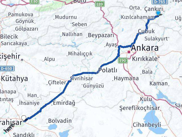 Çankırı Eldivan Afyonkarahisar Arası Kaç Km - Yol Haritası