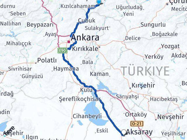 Çankırı Eldivan Aksaray Arası Kaç Km - Yol Haritası