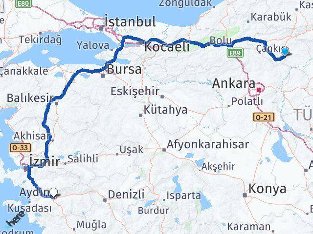 Çankırı Eldivan Aydın Arası Kaç Km - Yol Haritası