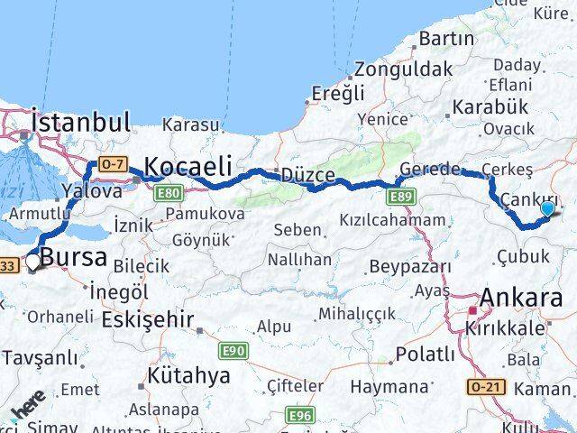 Çankırı Eldivan Bursa Arası Kaç Km - Yol Haritası