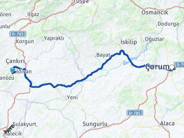 Çankırı Eldivan Çorum Arası Kaç Km - Yol Haritası