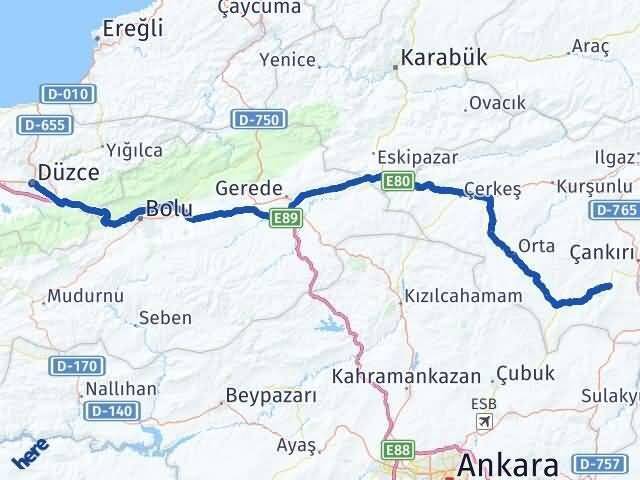 Çankırı Eldivan Düzce Arası Kaç Km - Yol Haritası