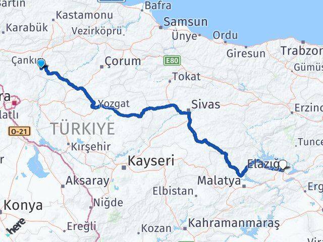 Çankırı Eldivan Elazığ Arası Kaç Km - Yol Haritası