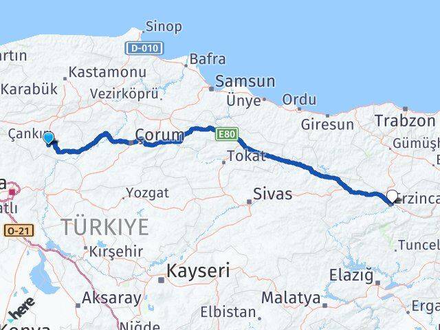 Çankırı Eldivan Erzincan Arası Kaç Km - Yol Haritası