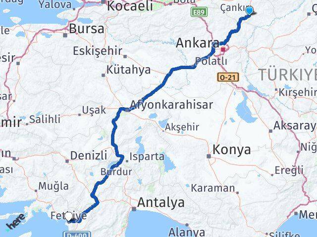 Çankırı Eldivan Fethiye Muğla Arası Kaç Km - Yol Haritası