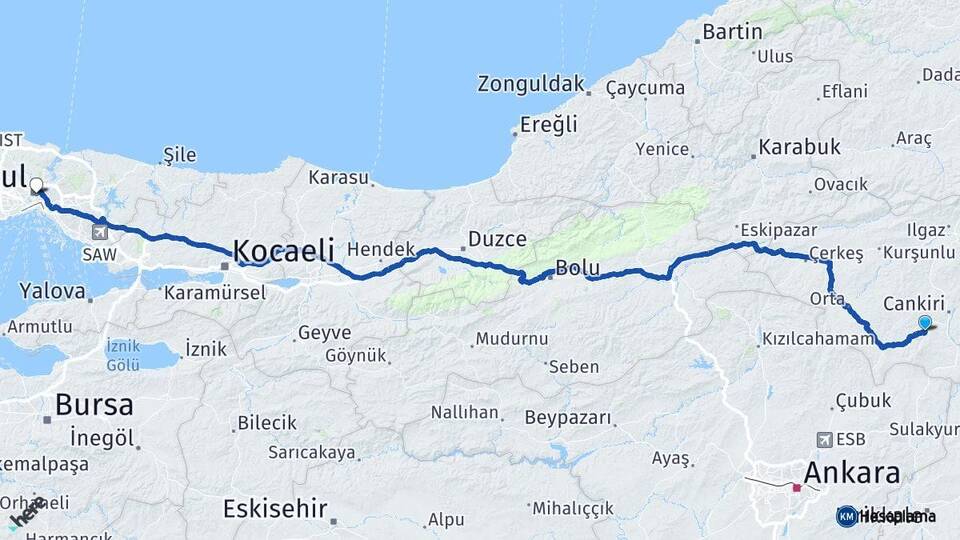 Çankırı Eldivan İstanbul Arası Kaç Km - Yol Haritası