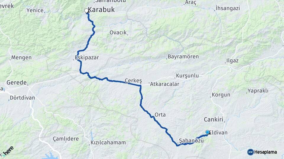 Çankırı Eldivan Karabük Arası Kaç Km - Yol Haritası
