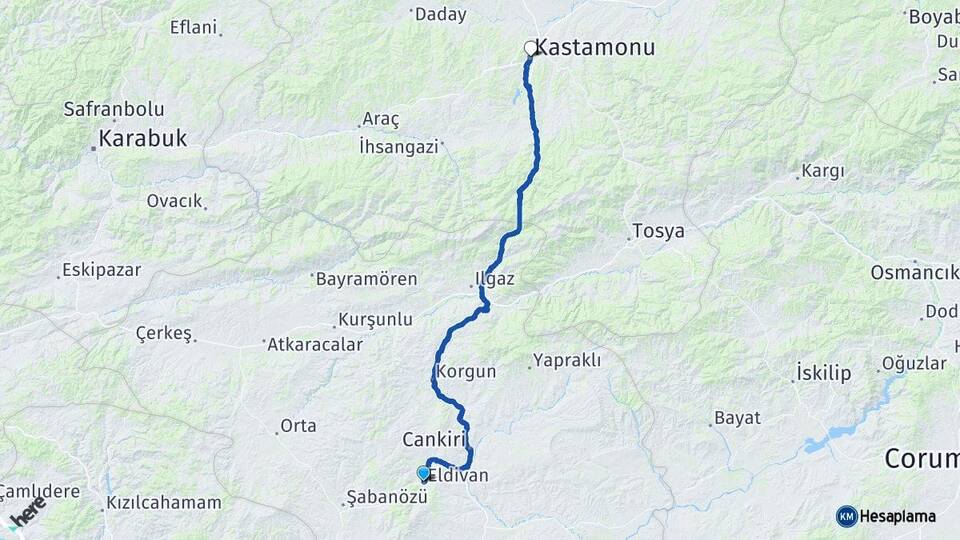 Çankırı Eldivan Kastamonu Arası Kaç Km - Yol Haritası