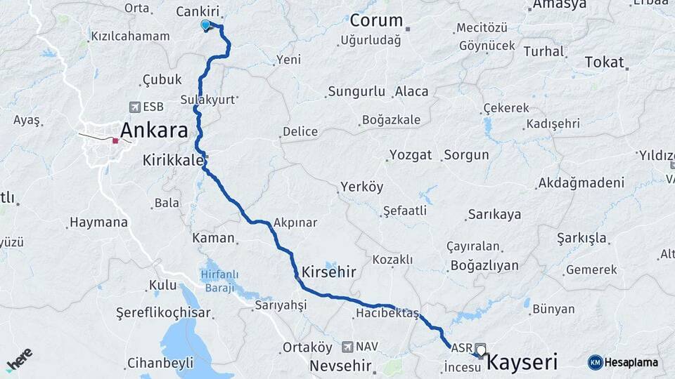 Çankırı Eldivan Kayseri Arası Kaç Km - Yol Haritası