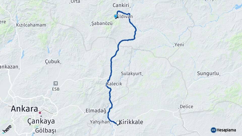 Çankırı Eldivan Kırıkkale Arası Kaç Km - Yol Haritası