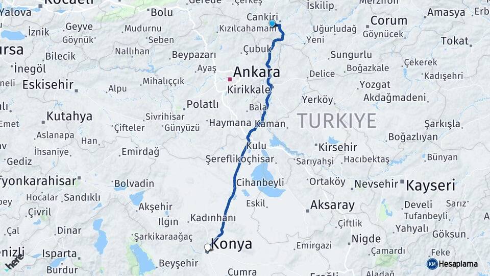Çankırı Eldivan Konya Arası Kaç Km - Yol Haritası