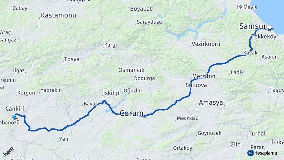 Çankırı Eldivan Samsun Arası Kaç Km - Yol Haritası