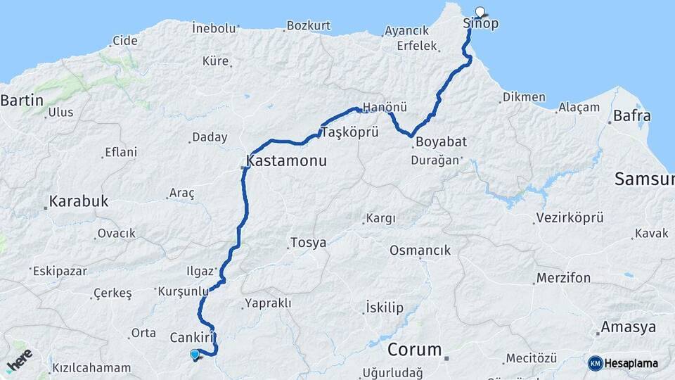 Çankırı Eldivan Sinop Arası Kaç Km - Yol Haritası