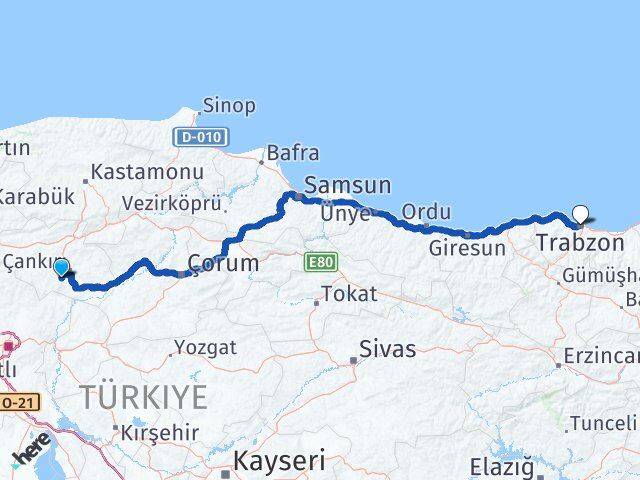 Çankırı Eldivan Trabzon Arası Kaç Km - Yol Haritası