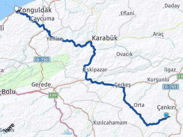 Çankırı Eldivan Zonguldak Arası Kaç Km - Yol Haritası