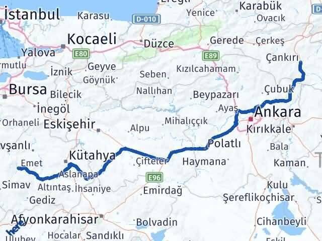 Çankırı Emet Kütahya Arası Kaç Km - Yol Haritası