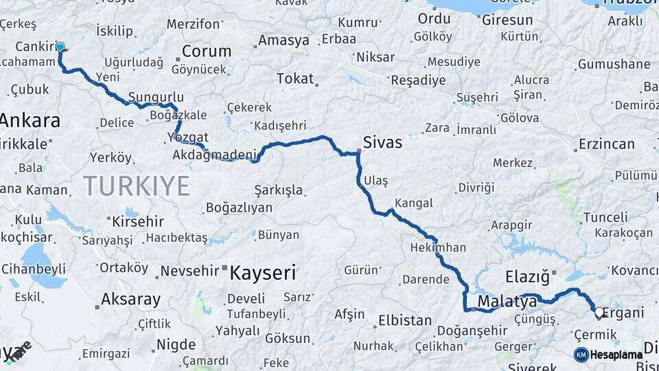 Çankırı Ergani Diyarbakır Arası Kaç Km - Yol Haritası