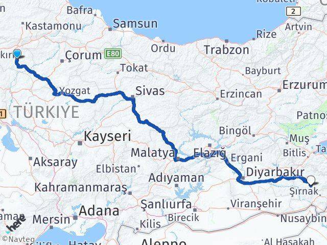 Çankırı Eruh Siirt Arası Kaç Km - Yol Haritası