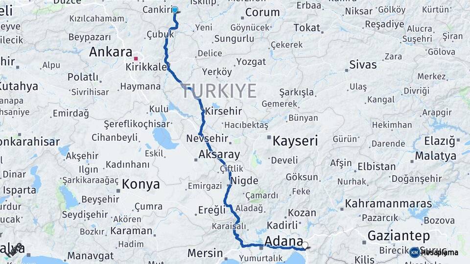 Çankırı Erzin Hatay Arası Kaç Km - Yol Haritası