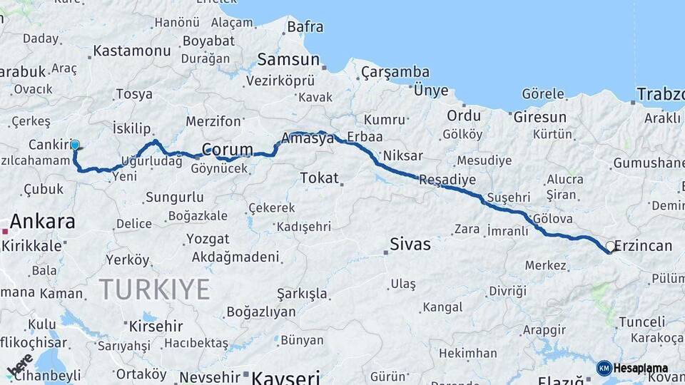 Çankırı Erzincan Arası Kaç Km - Yol Haritası