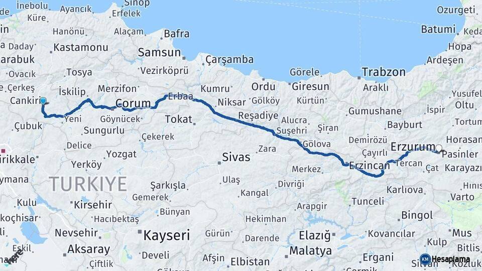 Çankırı Erzurum Arası Kaç Km - Yol Haritası