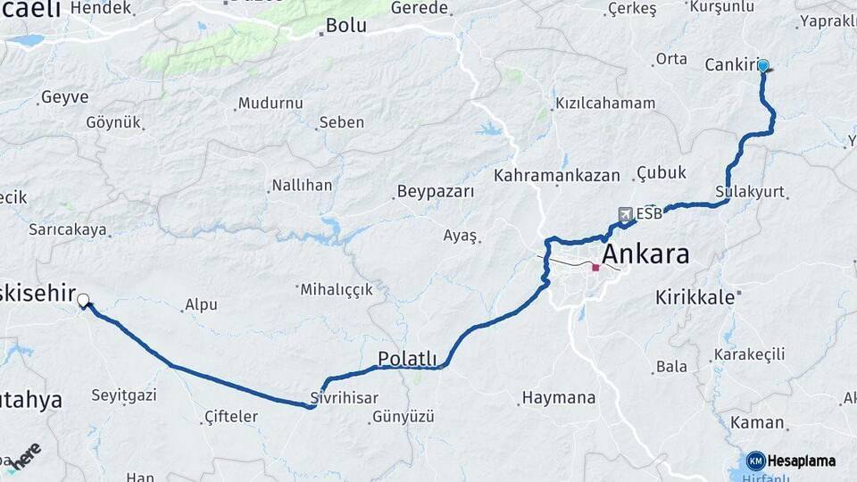 Çankırı Eskişehir Arası Kaç Km - Yol Haritası